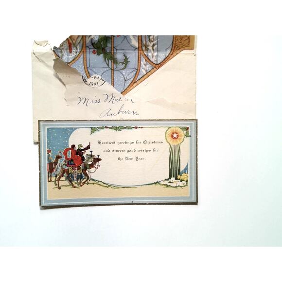 Vintage 1931 Christmas Greeting Card Three Wise Men Nativity Scene + Envelope - Picture 2 of 3